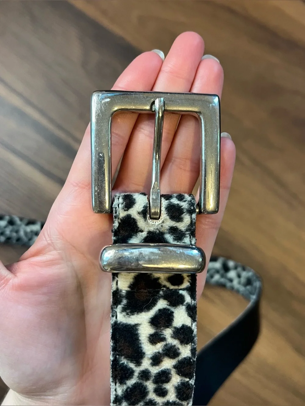 Vintage Faux Fur Leopard print leather belt with silver hardware
